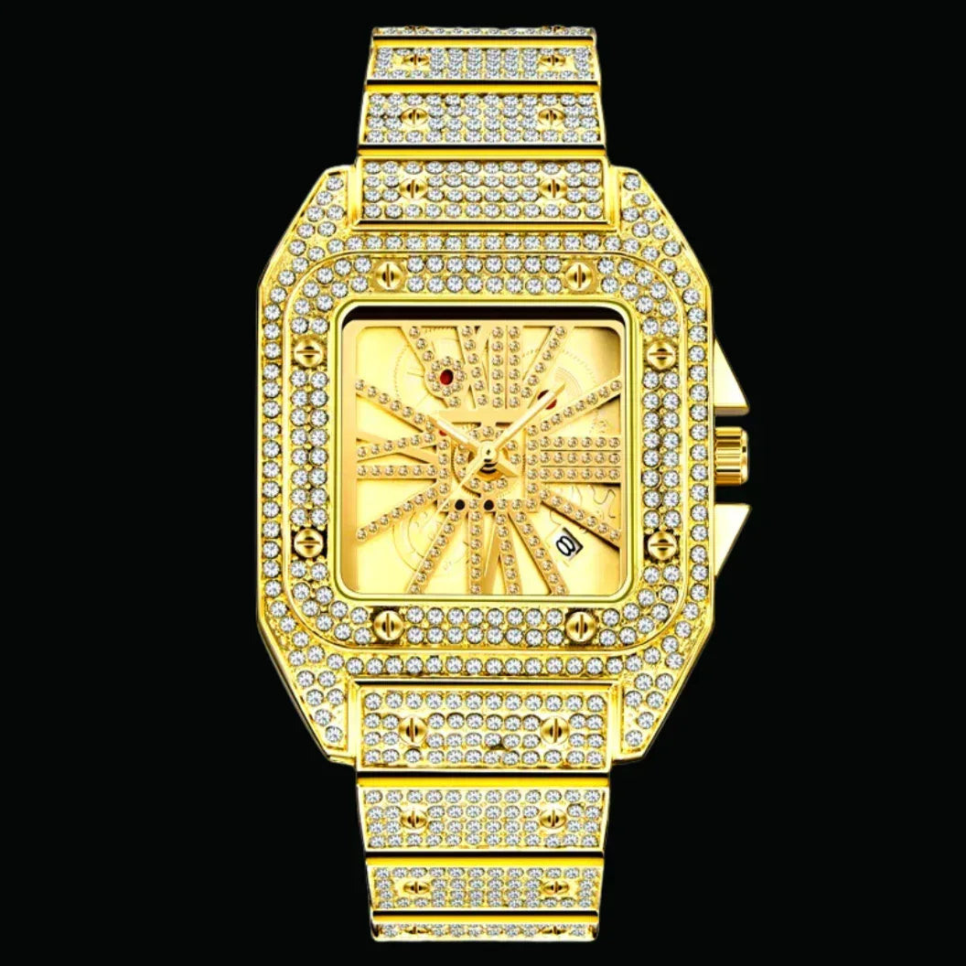 Square Special Red Dial Date Iced Out Watch – Luxury Hip Hop Timepiece - CaratixJewelry